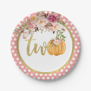 Pumpkin 2nd Birthday Paper Plate - Floral Dots