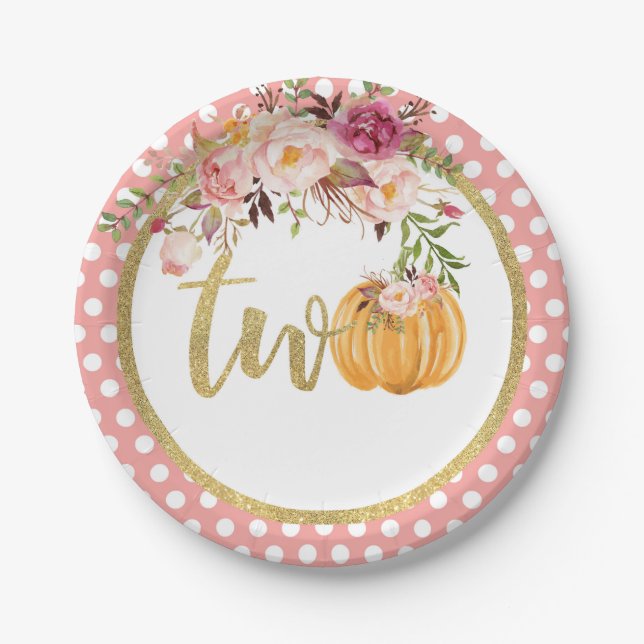 Pumpkin 2nd Birthday Paper Plate - Floral Dots (Front)