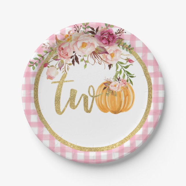 Pumpkin 2nd Birthday Paper Plate - Floral Plaid (Front)