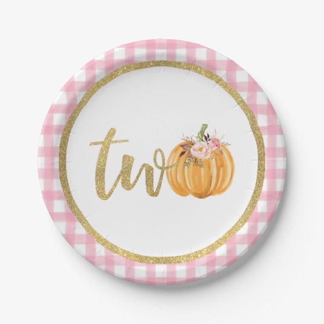 Pumpkin 2nd Birthday Paper Plate - Pink Plaid (Front)