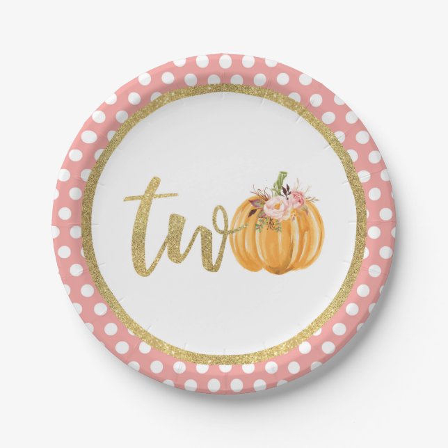 Pumpkin 2nd Birthday Paper Plate - Pink Polka Dots (Front)