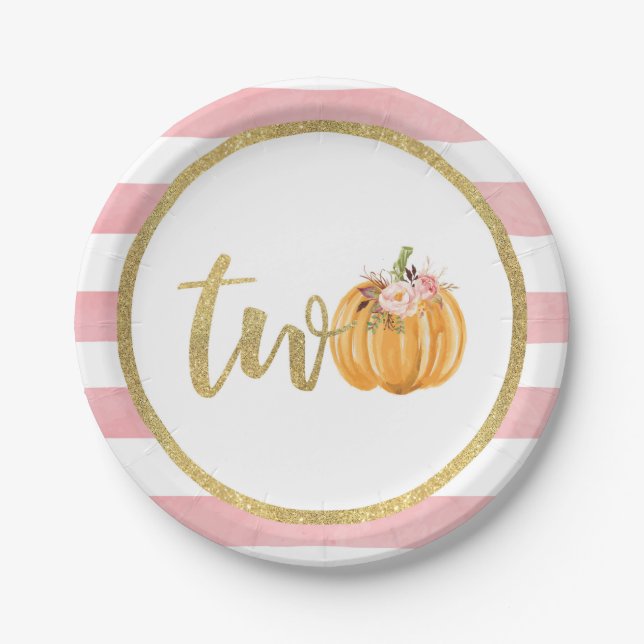 Pumpkin 2nd Birthday Paper Plate - Pink Stripes (Front)