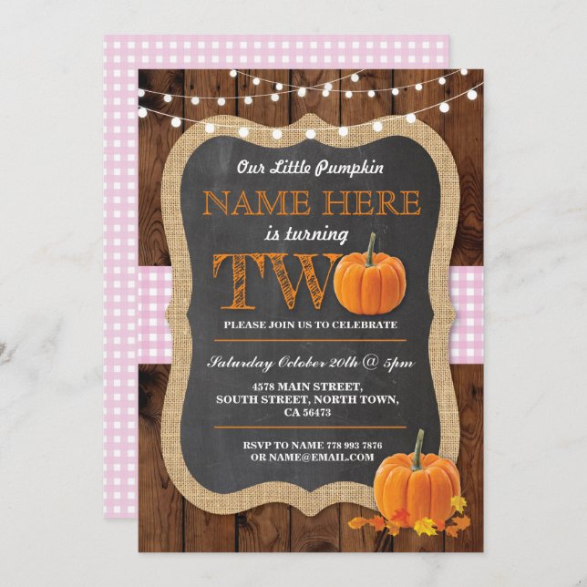 Pumpkin 2nd Birthday Party TWO Pink Girl Invite (Front/Back)