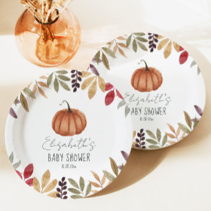 Pumpkin and Autumn Leaves Baby Shower Paper Plate