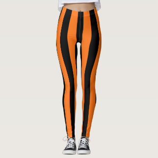 Pumpkin and Black Large Size Vertical Stripes Leggings