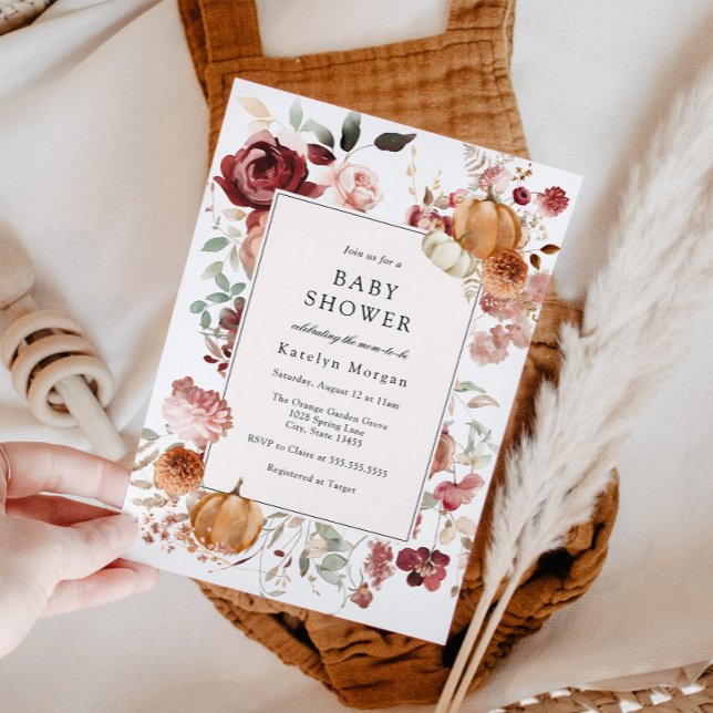 Pumpkin and Burgundy Floral Baby Shower Invitation (Creator Uploaded)