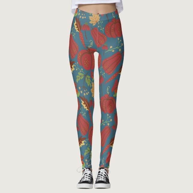 Pumpkin and carrot  seamless pattern red and blue leggings (Front)