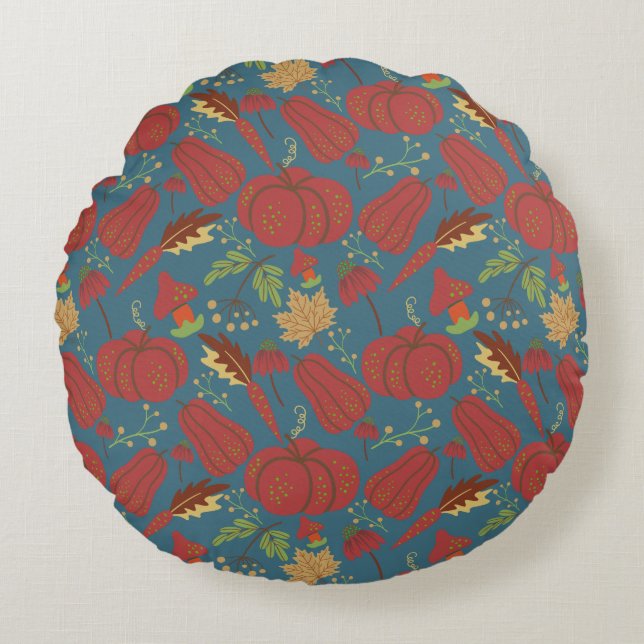 Pumpkin and carrot  seamless pattern red and blue round cushion (Front)
