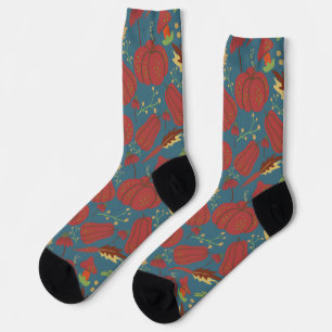 Pumpkin and carrot seamless pattern red and blue socks