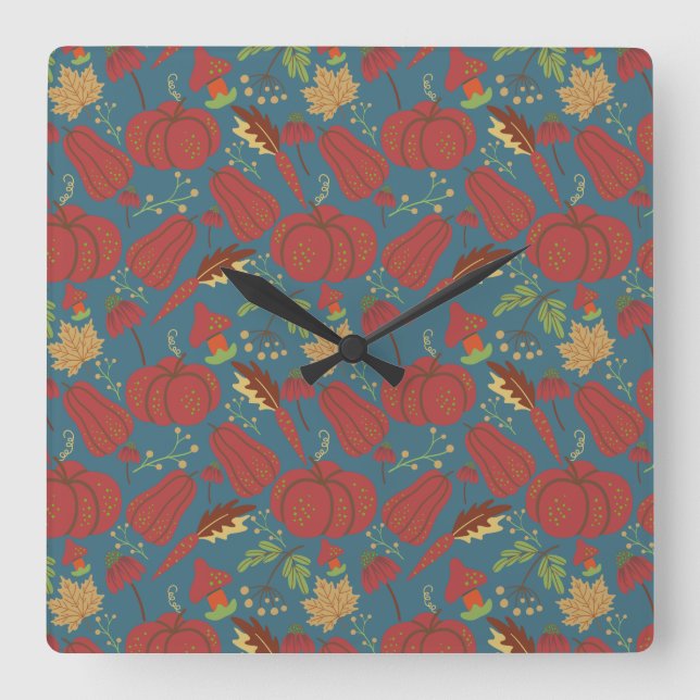 Pumpkin and carrot  seamless pattern red and blue square wall clock (Front)