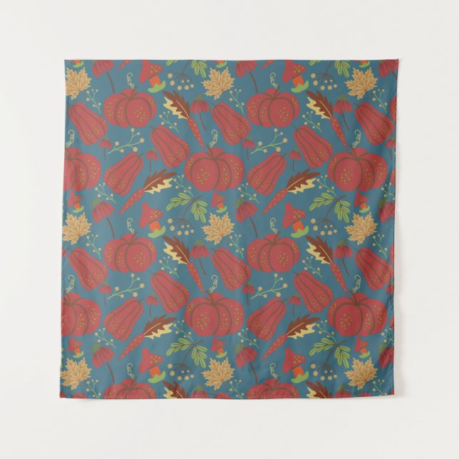 Pumpkin and carrot  seamless pattern red and blue tapestry (Front)