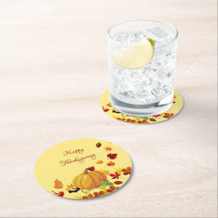 Pumpkin And Colourful  Leaves Round Paper Coaster