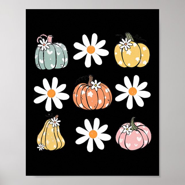 Pumpkin And Daisy Flowers Cute Fall Halloween For  Poster (Front)