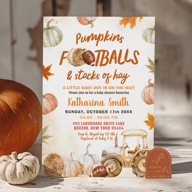 Pumpkin and Footballs Tractor Boy Baby Shower Invitation (Creator Uploaded)