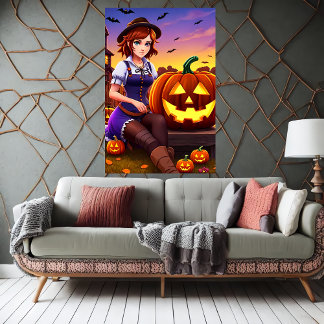 Pumpkin and lady with brown hat | AI Art Poster