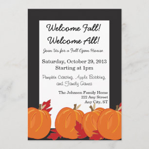 Pumpkin and Leaves on Black Fall Invitation