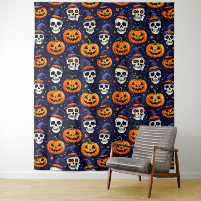 Pumpkin and Skull Pattern Tapestry – Spooky Gothic (In Situ)