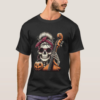 Pumpkin and Spooky Skull With Messy Hair bun Hallo T-Shirt