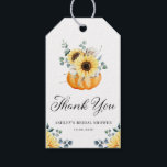 Pumpkin and Sunflower Bridal Shower Thank You Gift Tags<br><div class="desc">These custom bridal shower thank you tags feature a soft watercolor pumpkin surrounded by sunflowers, eucalyptus leaves, and cotton accents. The warm, fall-inspired design is perfect for autumn bridal showers with rustic, farmhouse, or boho themes. Personalise each tag with the bride’s name, shower date, or a short thank you message...</div>