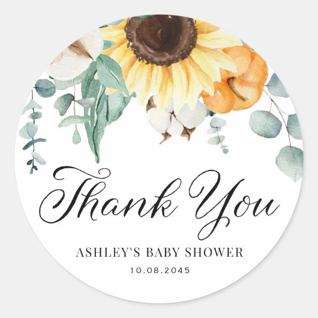 Pumpkin and Sunflower Fall Baby Shower Thank You Classic Round Sticker (Front)