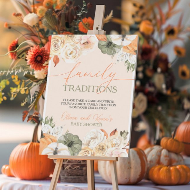 Pumpkin Autumn Baby Shower Family Traditions Pedestal Sign (Creator Uploaded)