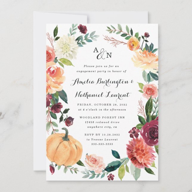Pumpkin Autumn Chic Floral Rustic Engagement Party Invitation (Front)