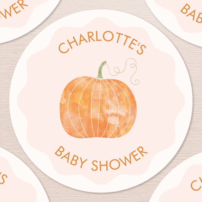 Pumpkin Autumn Fall Baby Shower Classic Round Sticker (Personalized pumpkin autumn fall baby shower sticker)