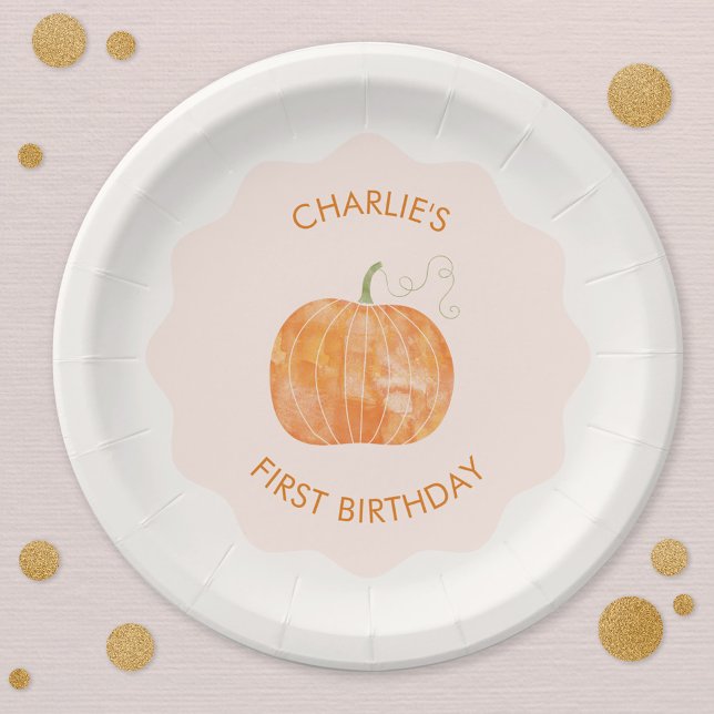 Pumpkin Autumn Fall First 1st Birthday Paper Plate (Cute first 1st birthday party pumpkin autumn fall paper plate)