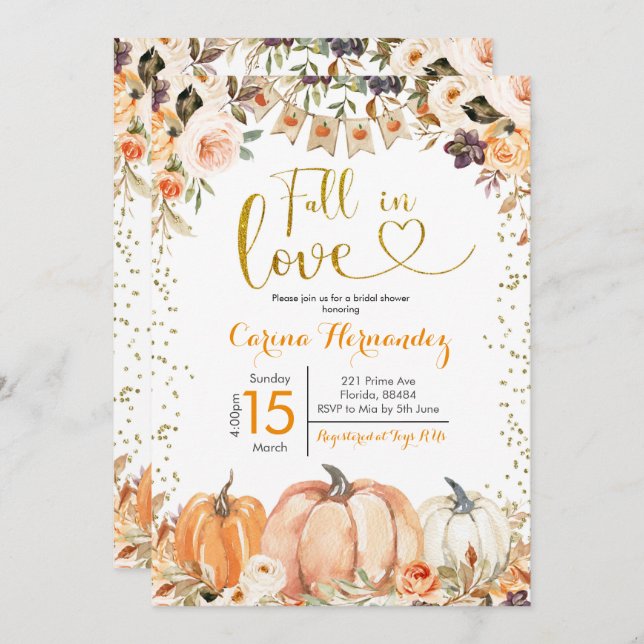 Pumpkin Autumn Fall in Love Bridal Shower Invitati Invitation (Front/Back)