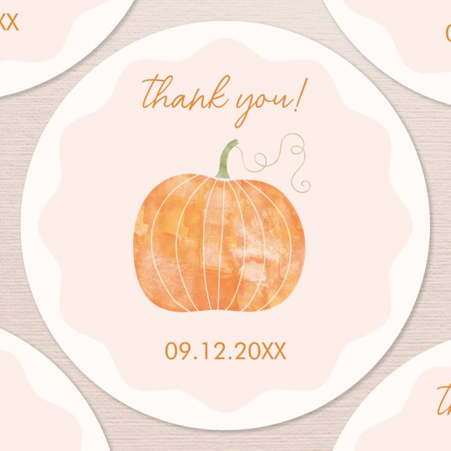 Pumpkin Autumn Fall Thank You Date Classic Round Sticker (Pumpkin autumn fall thank you sticker with custom date)