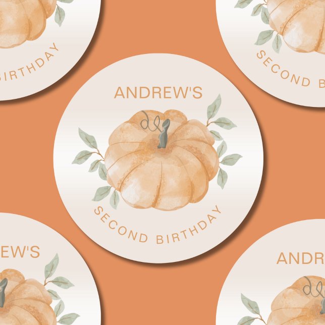 Pumpkin Autumn Fall Two Second 2nd Birthday Classic Round Sticker (Creator Uploaded)