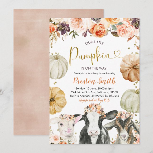 Pumpkin Autumn Floral Farm Baby Shower Invitation (Front/Back)