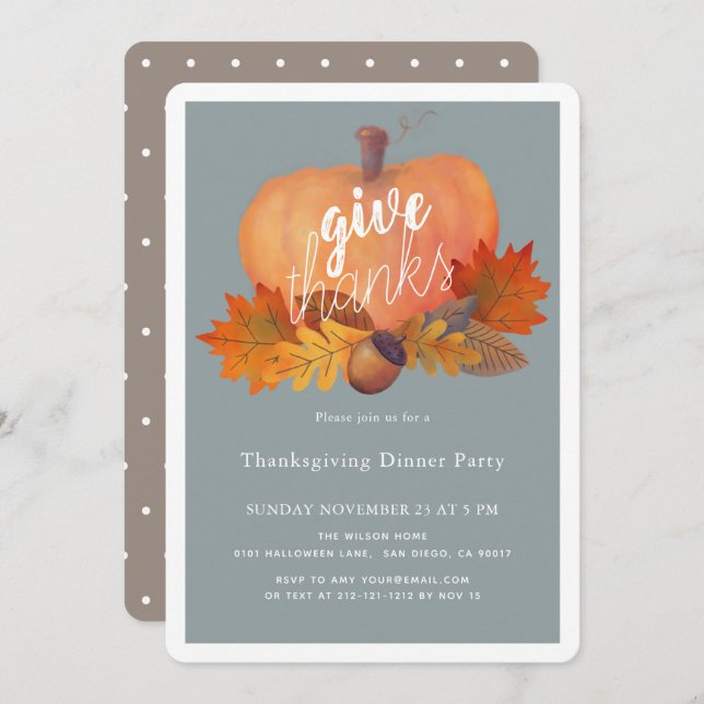 Pumpkin Autumn Leaves Blue Thanksgiving Dinner Invitation (Front/Back)