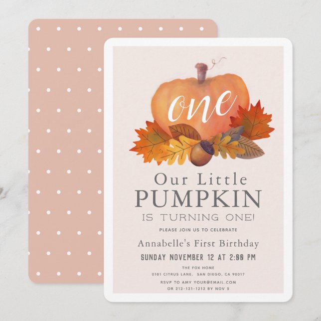 Pumpkin Autumn Leaves Blush Pink Girl 1st Birthday Invitation (Front/Back)