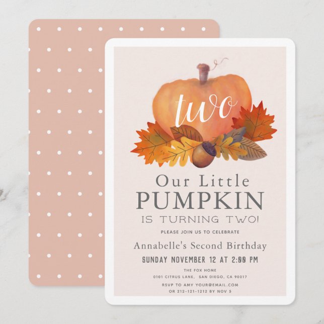Pumpkin Autumn Leaves Blush Pink Girl 2nd Birthday Invitation (Front/Back)
