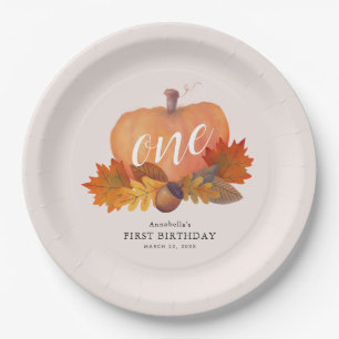 Pumpkin Autumn Leaves Blush Pink Girl Birthday Paper Plate
