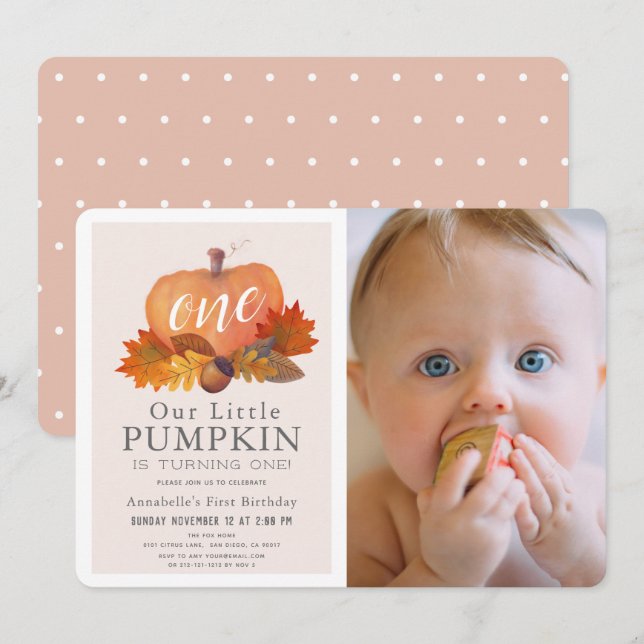 Pumpkin Autumn Leaves Pink Girl Photo 1st Birthday Invitation (Front/Back)