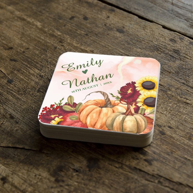 Pumpkin Autumn Leaves Sunflower Fall Wedding Party Square Paper Coaster (Pumpkin Autumn Leaves Sunflower Fall Wedding Party Square Paper Coaster)