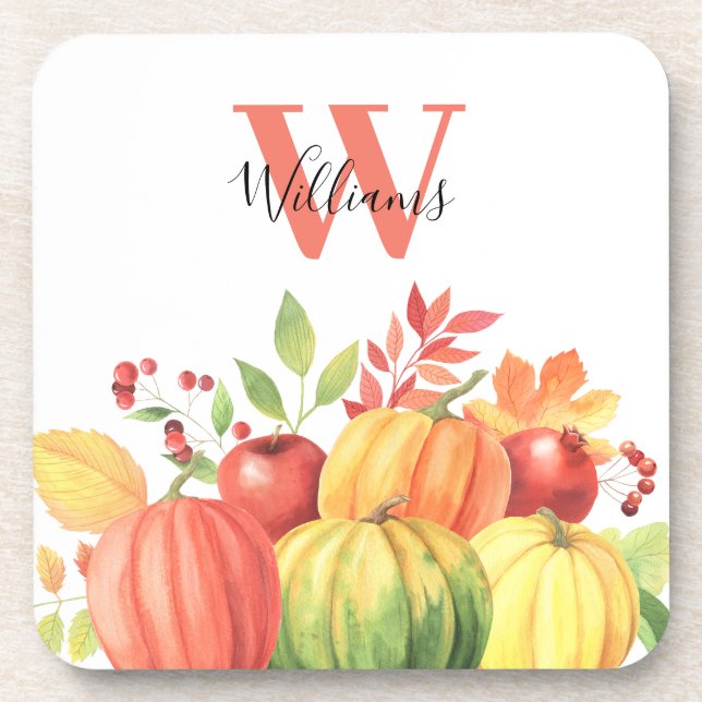 Pumpkin Autumn Monogram Name Coaster (Front)