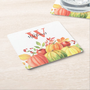 Pumpkin Autumn Monogram Name Square Paper Coaster
