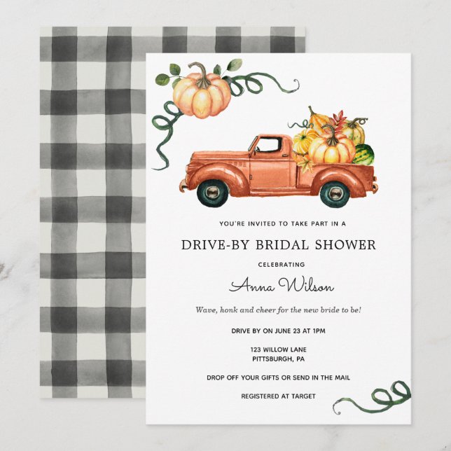 Pumpkin Autumn Truck Drive by Bridal Shower Invitation (Front/Back)