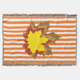 Pumpkin Autumnal Stripes with Leaves Throw Blanket