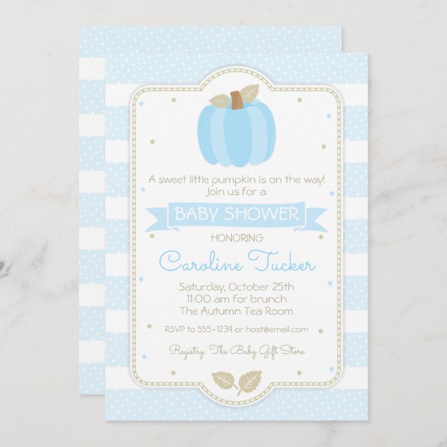 Pumpkin Baby Boy Shower Invitation - Blue Stripes (Front/Back)