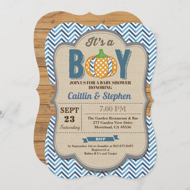 Pumpkin baby boy shower invitation rustic (Front/Back)