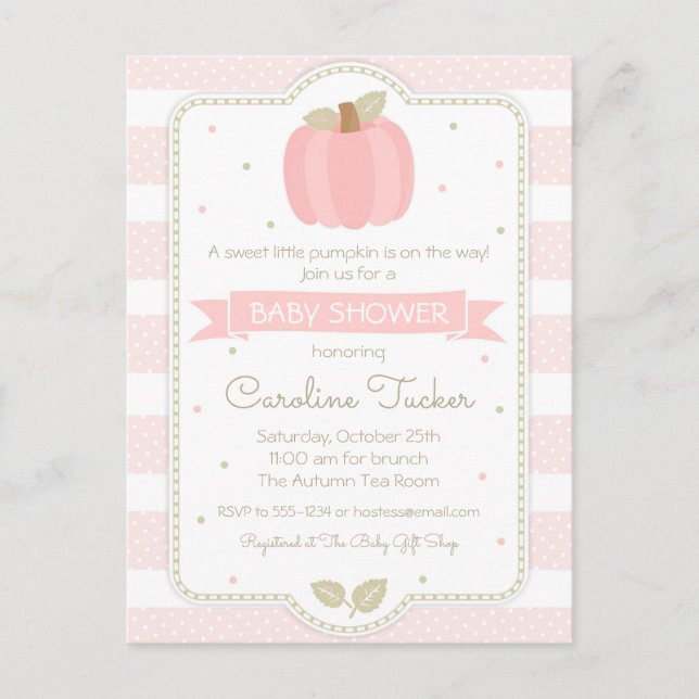 Pumpkin Baby Girl Pink Baby Shower Invitation Postcard (Front)