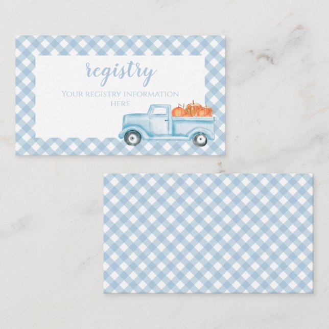 Pumpkin Baby Shower  blue Plaid Truck registry Enclosure Card (Front/Back)