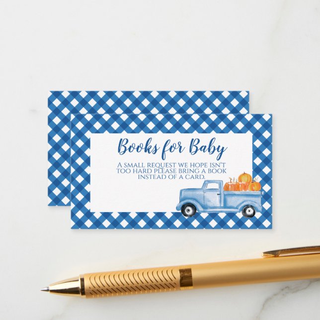 Pumpkin Baby Shower blue Truck books for baby Enclosure Card (Front/Back In Situ)