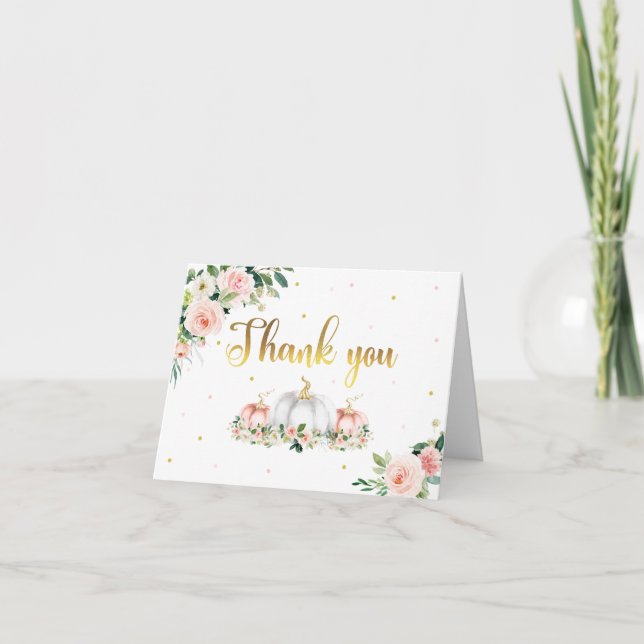 Pumpkin Baby Shower Blush Pink And Gold Thank You Card (Front)