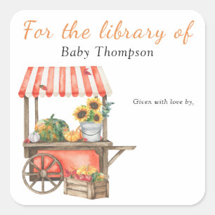 Pumpkin baby shower - bookplate for the library of square sticker