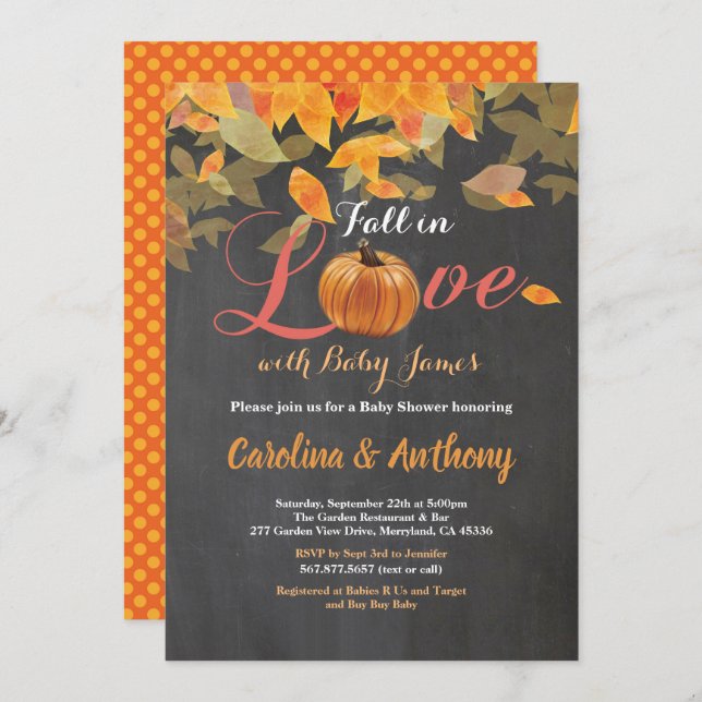 Pumpkin baby shower chalkboard fall in love invitation (Front/Back)